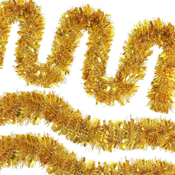 CANREVEL 4 Pieces 26.2 Ft Christmas Garland Metallic Shiny Twist Tinsel Garland Hanging Decorations for Christmas Tree, Mantle, Stairs Railing Decorations - Gold