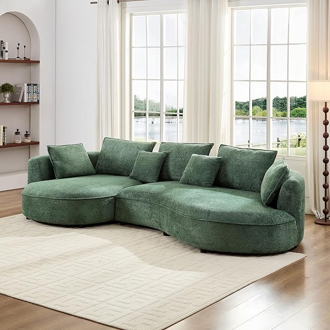 125'' Modern Curved Cloud Sofa Luxury Living Room 5 Seater Combo Sofa Cloud Curve Design Mid Century Upholstered Sofa with Ottoman for Living Room Bedroom Apartment (Boucle+Right Facing, Green)