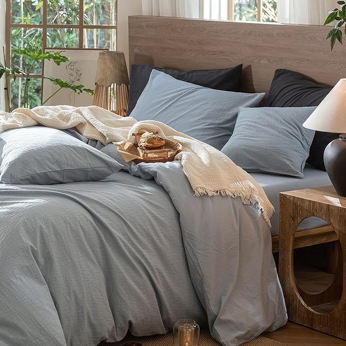 MooMee Wavy Striped Duvet Cover Set 100% Washed Cotton Linen Like Textured Breathable Durable Soft Comfy (Cornflower Blue, Super Queen 90"x98")