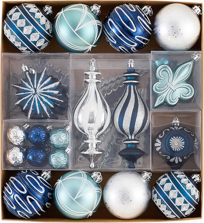 Valery Madelyn Ornaments for Christmas Trees, 60ct Navy Blue and Silver Shatterproof Christmas Tree Decorations, Luxury Hanging Ball Ornaments Bulk for Xmas Holiday Party Decor