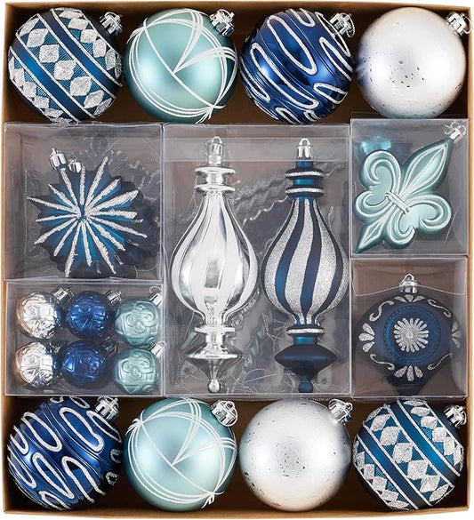 Valery Madelyn Ornaments for Christmas Trees, 60ct Navy Blue and Silver Shatterproof Christmas Tree Decorations, Luxury Hanging Ball Ornaments Bulk for Xmas Holiday Party Decor