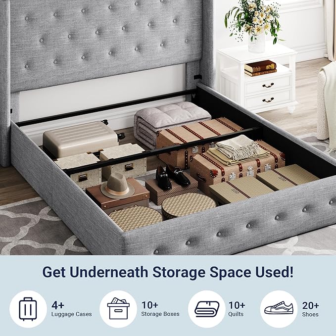 Allewie Queen Size Lift Up Storage Bed, Button Tufted Headboard with Wingback, Hydraulic Support, No Box Spring Needed, Light Grey