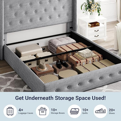 Allewie Queen Size Lift Up Storage Bed, Button Tufted Headboard with Wingback, Hydraulic Support, No Box Spring Needed, Light Grey