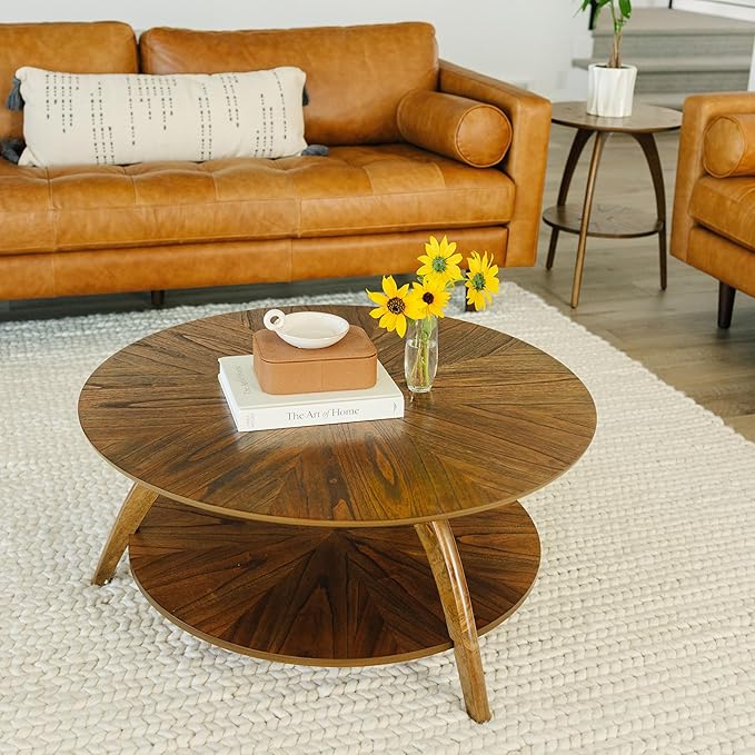 Martin Svensson Home Round Wood Retro Mid-Century Modern Round Wood Coffee Table with Lower Shelf, Cocktail Table for Living Room or Den. Nutmeg Brown.