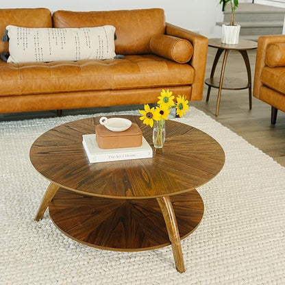 Martin Svensson Home Round Wood Retro Mid-Century Modern Round Wood Coffee Table with Lower Shelf, Cocktail Table for Living Room or Den. Nutmeg Brown.