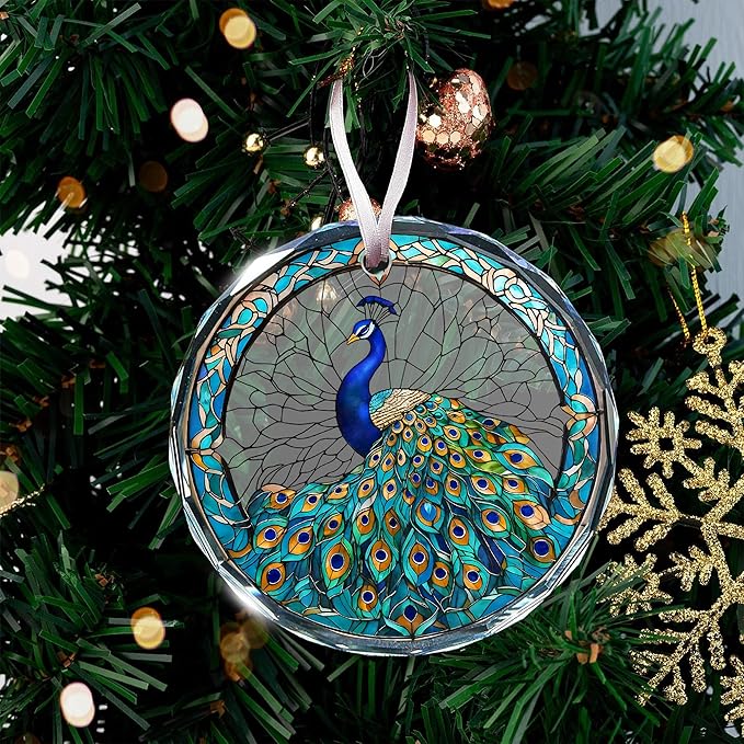 Peacock Ornaments for Christmas Tree - Peacock Christmas Ornaments, Colored Decorations for Home, Stained Glass Style, Great Gifts for Women