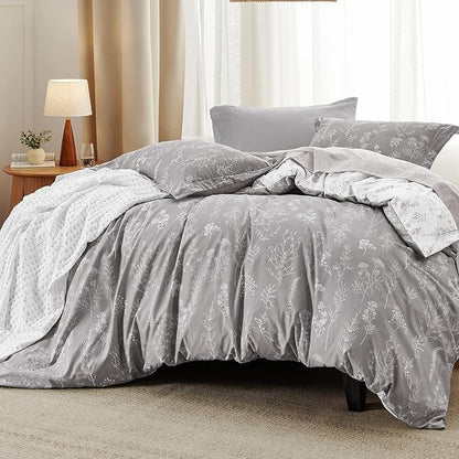 Bedsure Oversized Queen Comforter Set - Grey Bed Set, 3 Pieces Cute Floral Bedding, 1 Soft Reversible Botanical Flowers Comforter and 2 Pillow Shams