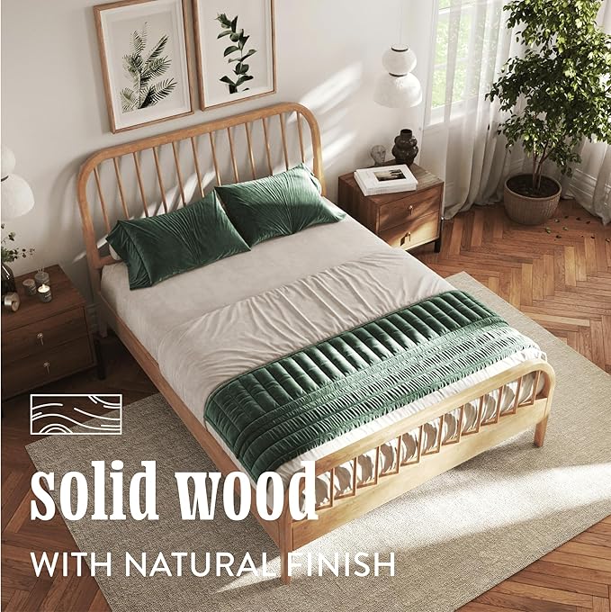 DG Casa Wesley Solid Wood Queen Size Bed Frame - Mid Century Modern Style, Platform with Spindle Headboard and Footboard, No Box Spring Required, Natural Finish