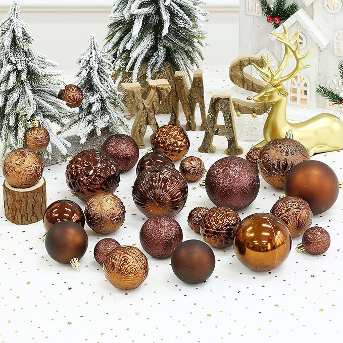 Christmas Ball Ornaments Brown Christmas Tree Decorations with Hang Rope-36pcs Shatterproof Christmas Ornaments Set with 6 Styles in 3 Sizes(Small Medium Large)
