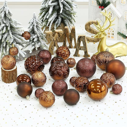 Christmas Ball Ornaments Brown Christmas Tree Decorations with Hang Rope-36pcs Shatterproof Christmas Ornaments Set with 6 Styles in 3 Sizes(Small Medium Large)
