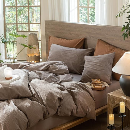 MooMee Wavy Striped Duvet Cover Set 100% Washed Cotton Linen Like Textured Breathable Durable Soft Comfy (Brown, Twin 68"x90")