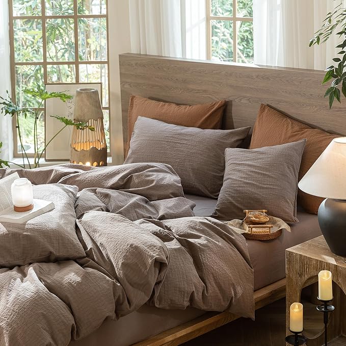 MooMee Wavy Striped Duvet Cover Set 100% Washed Cotton Linen Like Textured Breathable Durable Soft Comfy (Brown, Cal King 104"x98")