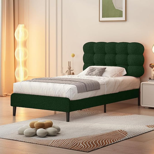 BarnFurin Twin Bed Frame with Upholstered Headboard, Teddy Soft Boucle Fabric, Platform Bed with Strong Wooden Slats Support, Two Bed Forms Design, No Boxing Spring Needed, Easy Assembly, Green