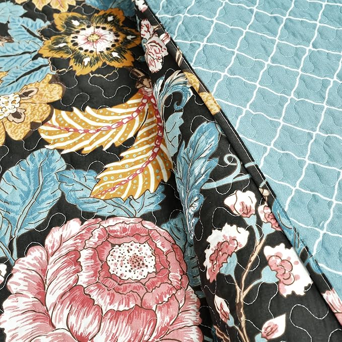 Lush Decor Sydney Reversible Cotton Quilt Set King 3 Piece Bedding, Black Blue