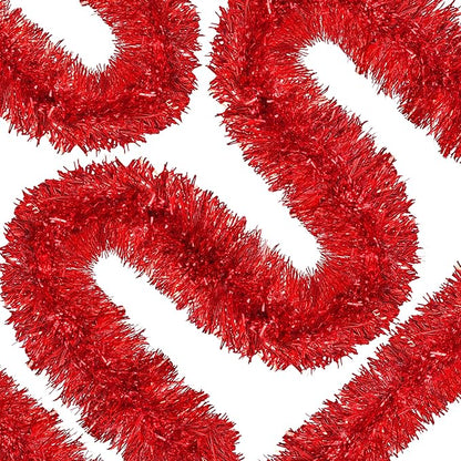 50 Ft Christmas Tinsel Garland Red Thick Tinsel Garland Xmas Tree Decorations Metallic Tinsel Twist Garland for Christmas, Birthday, Party Decor Indoor Outdoor Party Supplies