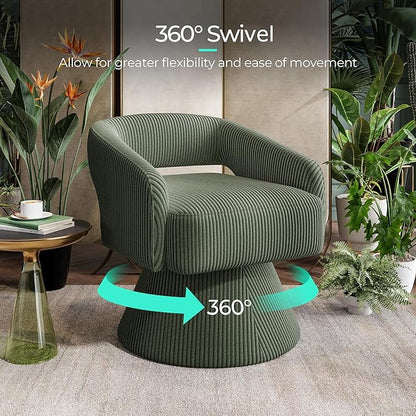LINSY Swivel Barrel Chair, 360 Modern Swivel Accent Chair Boucle Swivel Chair Round, Green Corduroy Chairs with Arms, Small Barrel Chair for Small Spaces Bedroom Living Room
