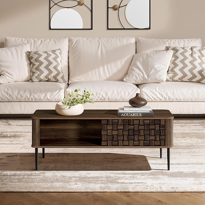 LuxenHome Coffee Table with Storage, 47" Mid Century Modern Wood Coffee Tables for Living Room, Dark Oak with Basket Weave Design 1-Sliding Door Wooden Center Table with Open Shelf