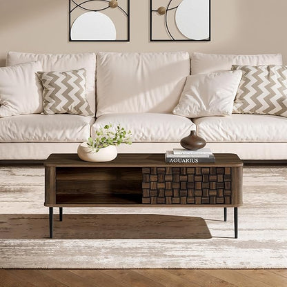 LuxenHome Coffee Table with Storage, 47" Mid Century Modern Wood Coffee Tables for Living Room, Dark Oak with Basket Weave Design 1-Sliding Door Wooden Center Table with Open Shelf