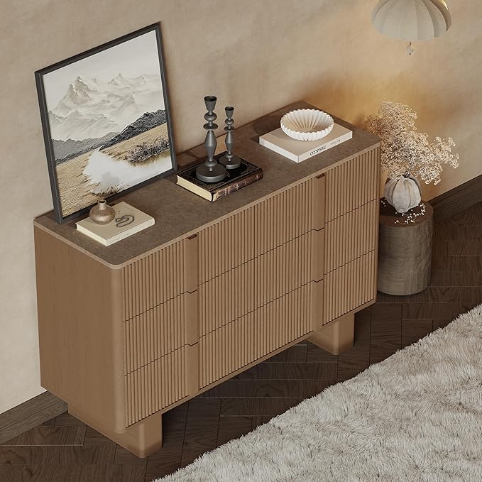 Fluted Dresser for Bedroom with 6 Drawers,47" Wide Modern Chest of Drawers with Wooden Handle, Wooden Dresser TV Stand, Wood Closet Clothes Storage Organizer for Living Room, Hallway, Natural Oak