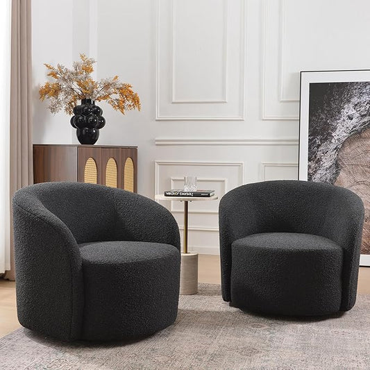 KINWELL 34" W Swivel Barrel Chair Set of 2, Mid Century Modern Round Upholstered Boucle Swivel Accent Chairs, No Assembly  Chair for Living Room Bedroom Reading, Black