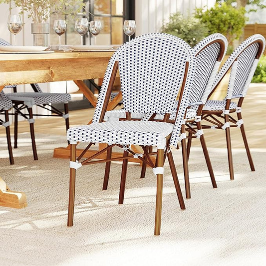 Martha Stewart Lily Pond Indoor-Outdoor Stackable Aluminum Bistro Outdoor Chair with Natural Woodgrain Frame Finish and White/Navy Woven Rattan Backrest and Seat