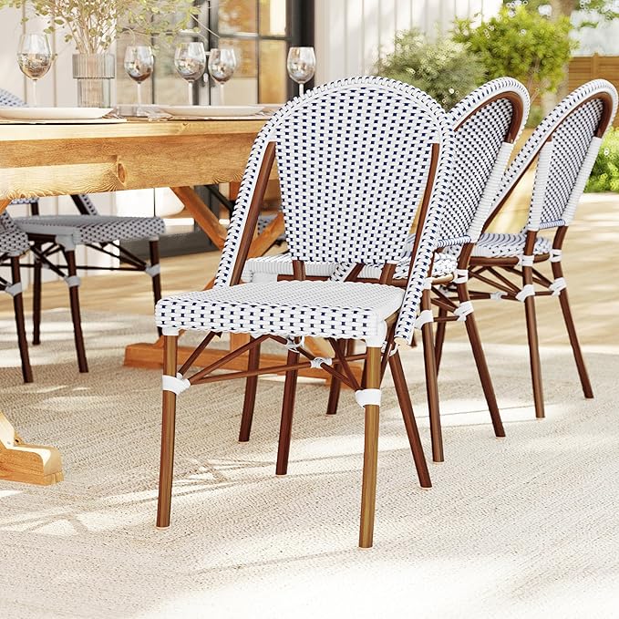 Martha Stewart Lily Pond Indoor Outdoor Stackable Bistro Outdoor Chairs with Natural Woodgrain Aluminum Frame Finish, White/Navy Woven Rattan Backrests/Seats, Set of 2