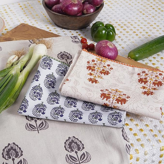 TARAN LIVING Printed Kitchen Dish Bar and Tea Towels Cotton, 18x28 inch with Trims, Cotton Dish Towel Sets (Multicolor Motif, Set of 3)