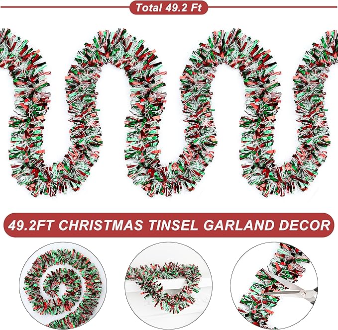 50 FT Christmas Tinsel Garland Christmas Decorations for Xmas Tree Decor Metallic Twist Shiny Hanging Garlands for Tree Mantel Stairs Fireplace Home Indoor Holiday Party Supplies (Red Green White)