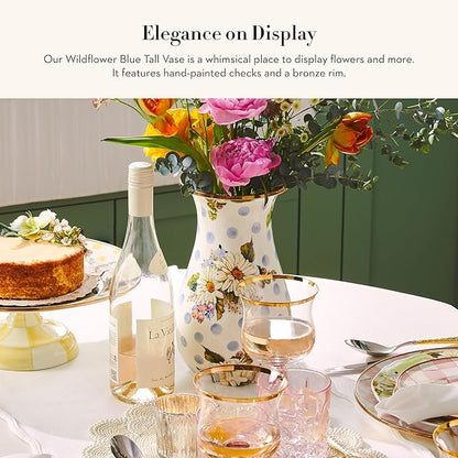 MACKENZIE-CHILDS Tall Enamel Vase, Unique Flower Vase-Decor for Living Room, Blue Wildflowers