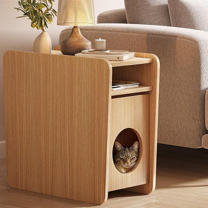 WERMO 12'' Cat Hideaway Side Table - Cat House for Indoor Cats and Enclosed Bed Cave and Hideout for Small Pets with Magazine Holder & Storage Doubling as Narrow End Table, Wood Night Stand (Oak)
