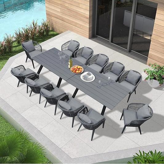 PURPLE LEAF 14 Pieces Patio Dining Table Set Wicker Outdoor Furniture Rectangular Table and Chairs Set for Garden Deck Aluminum Frame Backyard Kitchen Set, Cushions and Pillows Included Grey