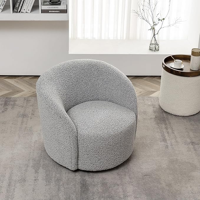 KINWELL 34" W Mid Century Modern Swivel Barrel Chair, Round Upholstered Boucle Swivel Accent Chairs, No Assembly Chair for Living Room Bedroom Reading Apartment Lounge Nursery(Black White)