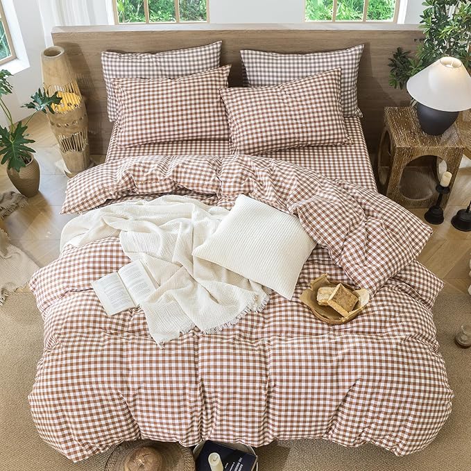 MooMee Gingham Duvet Cover Set 100% Washed Cotton Linen Like Textured Breathable Durable Soft Comfy Modern Checkered Design (Dark Orange Gingham, Full 80"x90")