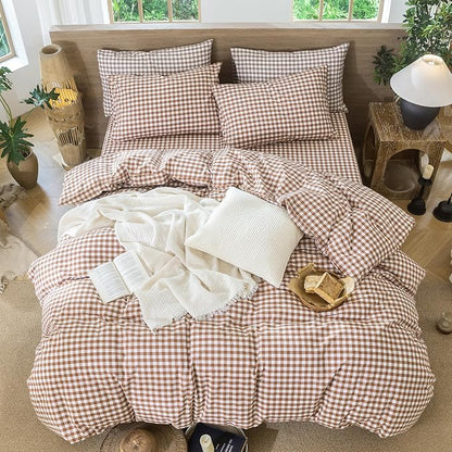 MooMee Gingham Duvet Cover Set 100% Washed Cotton Linen Like Textured Breathable Durable Soft Comfy Modern Checkered Design (Dark Orange Gingham, King 104"x90")