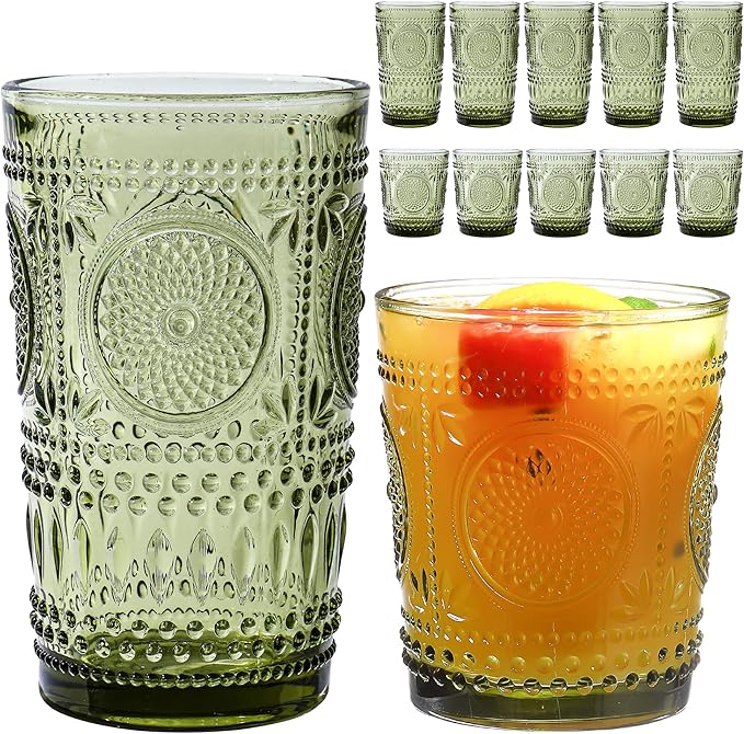 Green Drinking Glasses Set of 12, 16 Oz Highball & 13 Oz Cocktail Glasses, Green Kitchen Vintage Glassware Set, Floral Embossed Glass Tumbler Cups for Water, Beer, Juice, Whiskey, Coffee