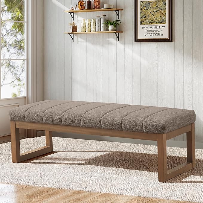 52.7" Bedroom Bench for End of Bed, Modern Upholstered Teddy Fabric Entryway Bench & Dining Bench, Footrest Stool Bench with Solid Wood Frame for Bedroom, Living Room (Dark Brown)