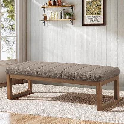 52.7" Bedroom Bench for End of Bed, Modern Upholstered Teddy Fabric Entryway Bench & Dining Bench, Footrest Stool Bench with Solid Wood Frame for Bedroom, Living Room (Dark Brown)