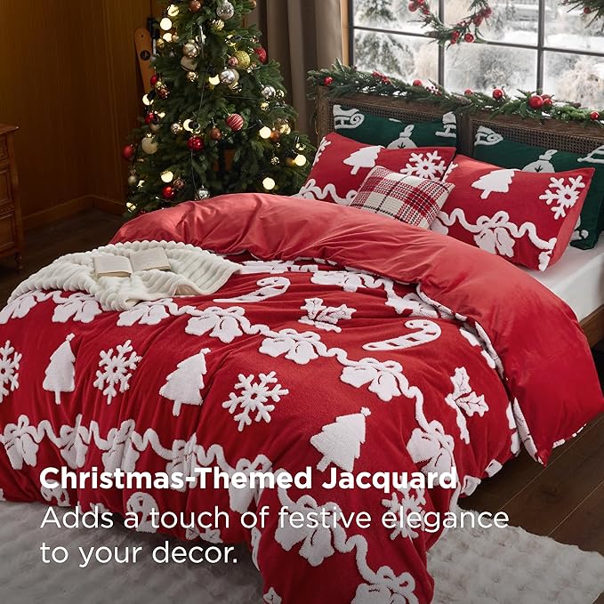 Bedsure Fluffy Christmas Duvet Cover Set - Ultra Soft Plush Shaggy Comforter Cover King Size, Warm Flannel Fleece Bed Sets for Winter, 3 Pieces, Ginger Candy Bell Pattern, Red
