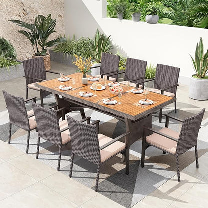 PHI VILLA Outdoor Dining Set for 8, Rectangular Rattan Table with Acacia Wood Top & Wicker Chairs with Cushions, 74” Large Modern Furniture Set for Patio, Deck, Backyard, Porch