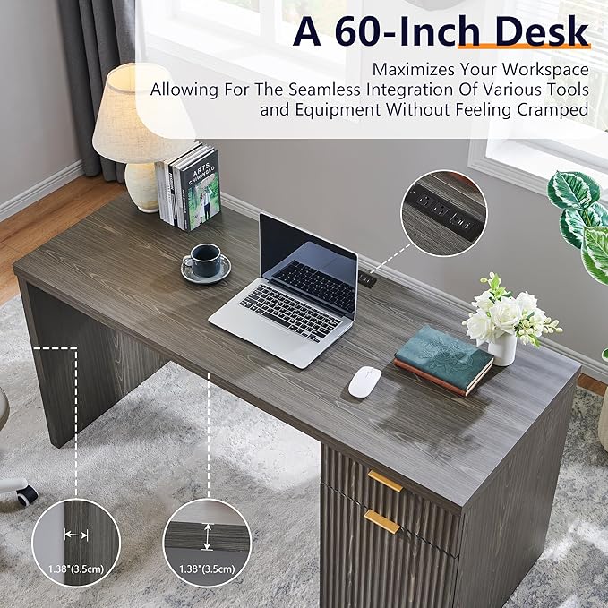 JXQTLINGMU 60" Modern Executive Desk with Storage, Wood Home Office Desk with Drawer & Cabinet, Fluted Computer Writing Desk for Study, Work, Living Room, Bedroom, Grayish Green