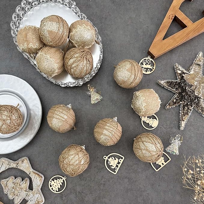 XmasExp Farmhouse Christmas Ball Ornaments Set-70mm/2.76" Shatterproof Rustic Xmas Tree Hanging Decoration (12 Counts,Beige & Champagne)