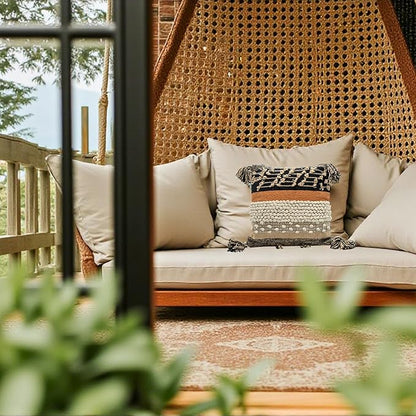 Throw Boho Pillow Cover, 18”x18” Bohemian Moroccan Rustic Decorative Pillows with Tufted Accents, Plush Handwoven Cotton, Textured Woven Neutral Farmhouse Scandinavian Home Decor