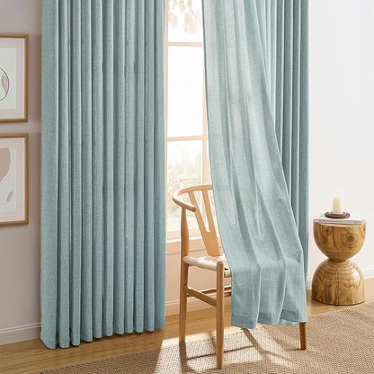 Light Blue Linen Pinch Pleat Curtains 90 Inches Long Pleated Semi Sheer Textured Drapes Hooks Back Tab Coastal Modern Light Filtering Curtain 2 Panels for Living Room Bedroom Office 42x90