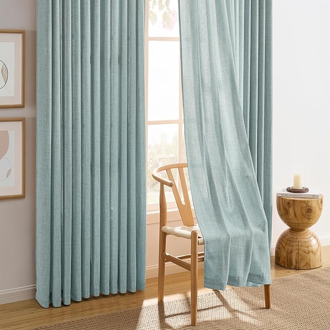 Light Blue Linen Pinch Pleat Curtains 102 Inches Long Pleated Semi Sheer Textured Drapes Hooks Back Tab Coastal Modern Light Filtering Curtain 2 Panels for Living Room Bedroom Office 42x102