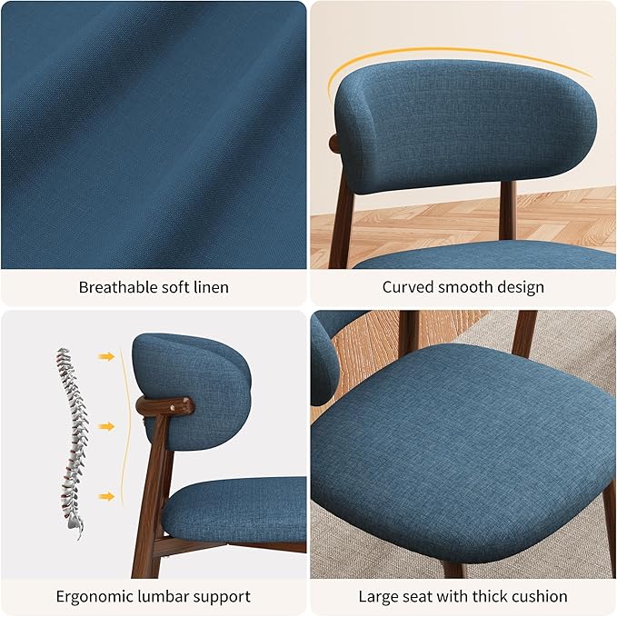 Kitchen Dining Chairs Set of 4 Modern Soft Linen Farmhouse Dining Room Chair with Metal Legs, Blue/Walnut