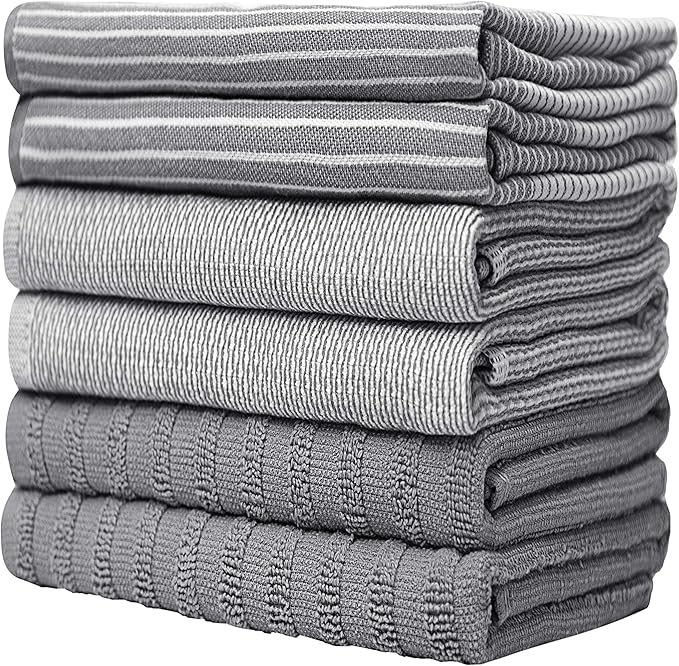 Premium Kitchen Towels 6 Pack Large Cotton Hand Towels Flat Terry Absorbent Tea Towels with Hanging Loop Gray 20x28