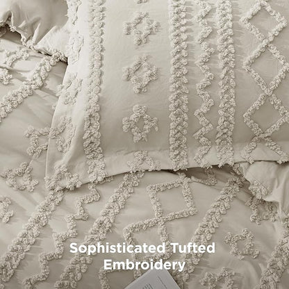 Bedsure Tufted Boho Comforter Set Twin Size - Linen Boho Bed Set, GentleSoft™ 2 Pieces Farmhouse Shabby Chic Embroidery Bedding, Gifts for Woman, Soft Jacquard Twin Comforter for All Seasons
