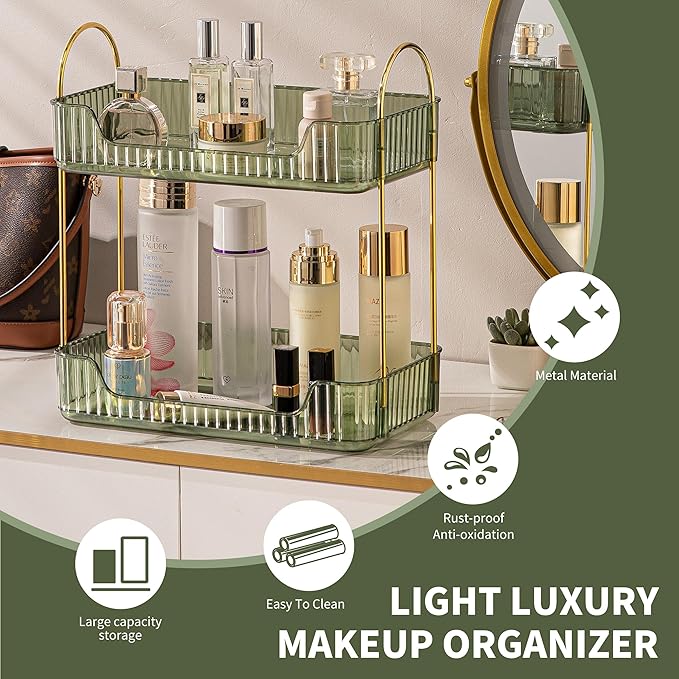 2 Tier Bathroom Organizer Countertop Makeup Perfume Skincare Organizer for Bathroom Dresser Vanity (Green)