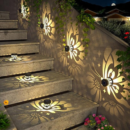 Solar Fence Lights 4 Pack Solar Deck Lamps Outdoor Decorations Powered Step Lights Wall Waterproof LED Warm Decorative Lighting for Garden (Butterfly-Flower, 4)