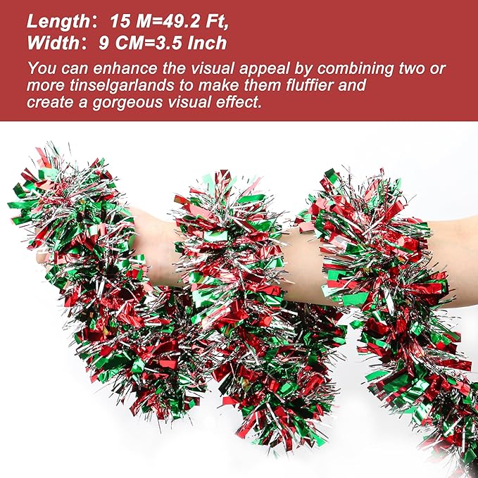 50 FT Christmas Tinsel Garland Christmas Decorations for Xmas Tree Decor Metallic Twist Shiny Hanging Garlands for Tree Mantel Stairs Fireplace Home Indoor Holiday Party Supplies (Red Green Silver)